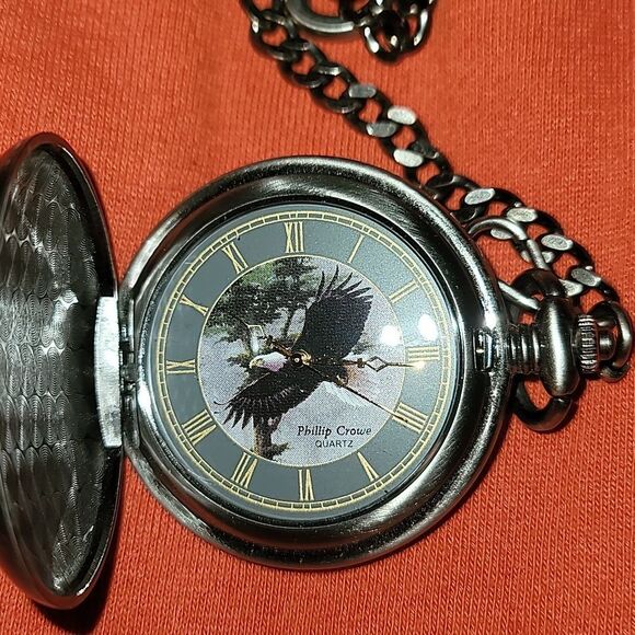 Phillip Crowe Eagle in Flight‎ Pocket Watch Majesti Watch Co. Quartz Silvertone - Picture 6 of 11